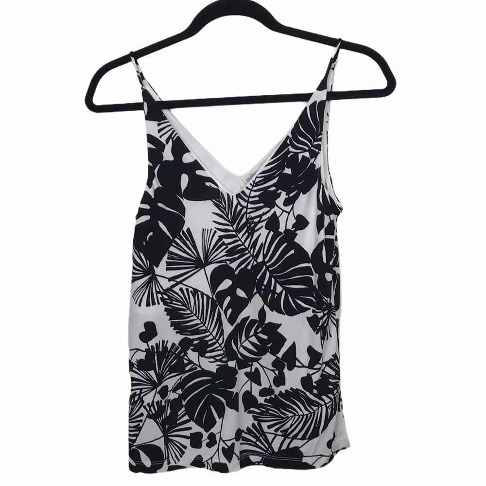 H&M Black White Leaf V Neck Tank Top